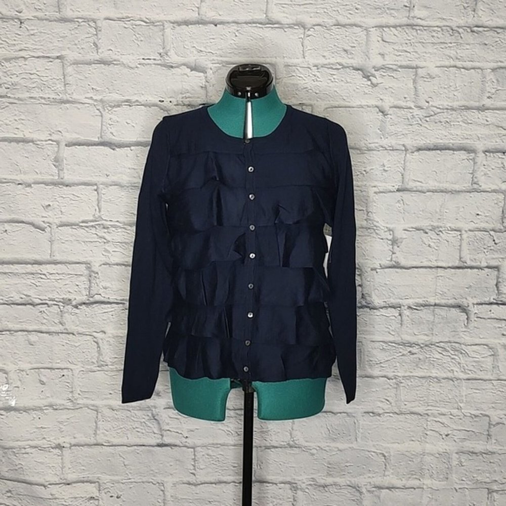 Nwt Boo Gemes women's navy blue wool tiered ruffle cardigan Sz M